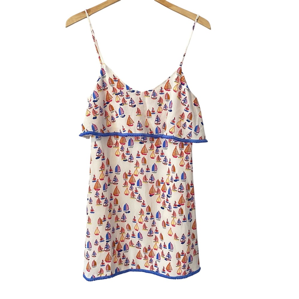 Nautical Coastal Sailboat Print Mini Dress Blue Pom Pom Trim Spaghetti Strap XS